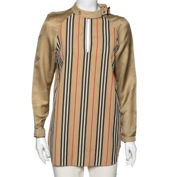 Pre Owned Burberry Beige Icon Striped Cotton & Synthetic Sleeve Tunic Top S