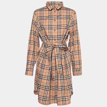 Pre Owned Burberry Beige Checkered Cotton Button Front Belted Shirt Dress XL