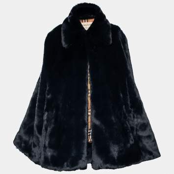 Pre Owned Burberry Navy Blue Faux Fur Cape Jacket XS