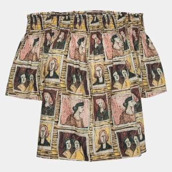 Pre Owned Burberry Umber Brown Framed Heads Printed Cotton Off Shoulder Top L