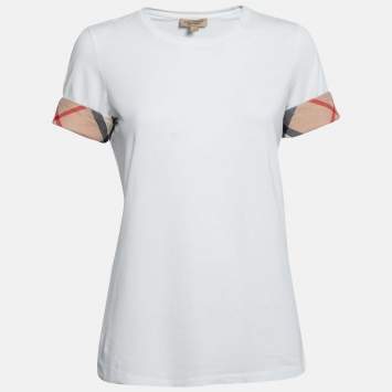 Pre Owned Burberry White Stretch Cotton Nova Check Trim Detail Short Sleeve T-Shirt M