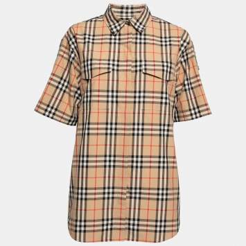 Pre Owned Burberry Beige Checked Cotton Short Sleeve Oversized Shirt S