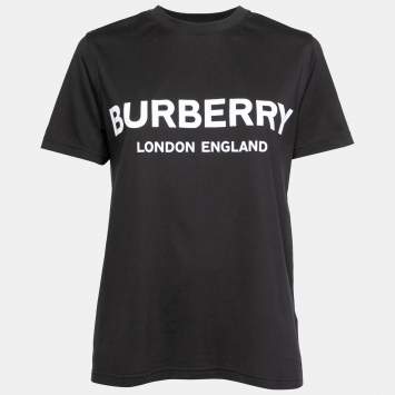 Pre Owned Burberry Black Logo Print Cotton Crew Neck T-Shirt M
