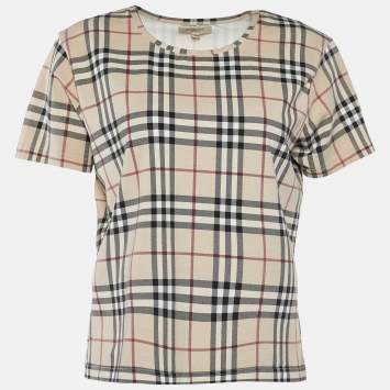 Pre Owned Burberry Beige Check Print Cotton Knit T-Shirt XL