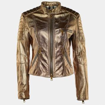 Pre Owned Burberry Metallic Gold Leather Zip Front Jacket M