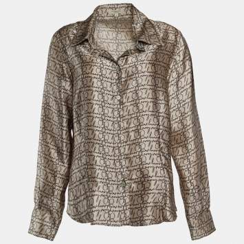 Pre Owned Burberry Beige Logo Print Silk Shirt XL