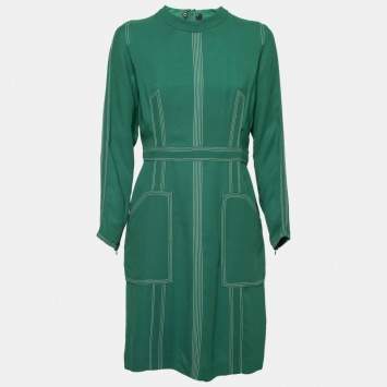 Pre Owned Burberry Green Crepe Stitch Detail Dress L