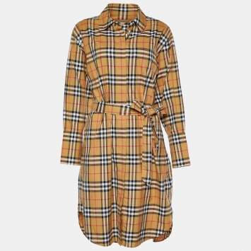 Pre Owned Burberry Brown Isotto Check Cotton Belted Shirt Dress S