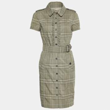 Pre Owned Burberry Grey Checked Cotton Blend Ruffled Detail Belted Shirt Dress S