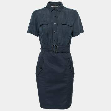 Pre Owned  Burberry Brit Navy Blue Belted Cotton Shirt Dress S
