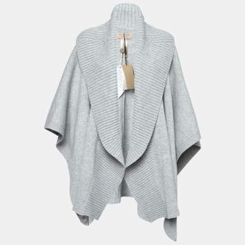 Pre Owned Burberry Light Grey Wool Ribbed Shawl Collar Cape One Size