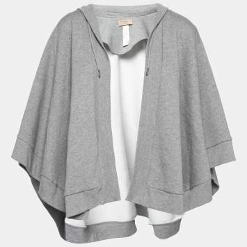 Pre Owned Burberry Pale Grey Cotton Embroidered Hood Poncho One Size