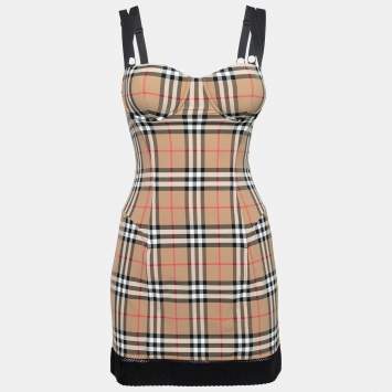 Pre Owned Burberry Beige Vintage Check Stretch Jersey Corset Mini Dress S