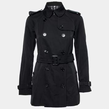Pre Owned Burberry Black Gabardine Double Breasted Belted Short Trench Coat XS