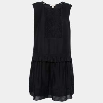 Pre Owned Burberry Black Textured Cotton Lace Trimmed Sleeveless Dress L
