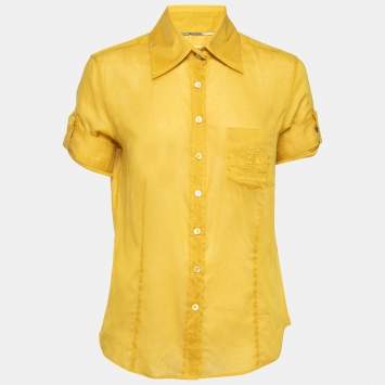 Pre Owned Burberry Yellow Cotton Logo Embroidered Pocketed Button Front Shirt M
