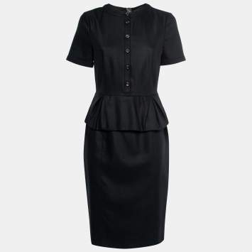 Pre Owned Burberry Black Wool Pleated Overlay Detail Short Sleeve Dress S