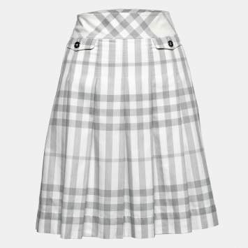 Pre Owned Burberry White & Grey Checked Cotton Pleated Mini Skirt M