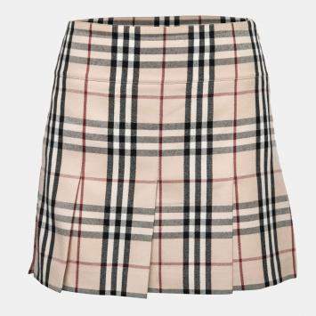 Pre Owned Burberry Beige Nova Check Wool Pleated Mini Skirt M 