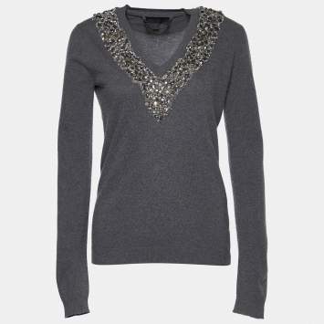Pre Owned Burberry Prorsum Grey Wool & Cashmere Embellished Neck Sweater S