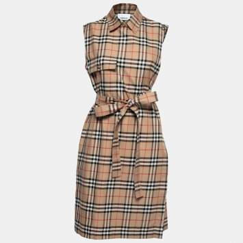 Pre Owned Burberry Beige Vintage Check Cotton Belted Shirt Dress M