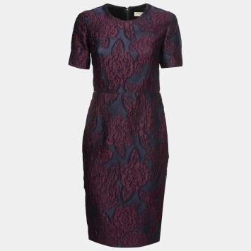 Pre Owned Burberry Deep Blue & Purple Floral Jacquard Sheath Dress S