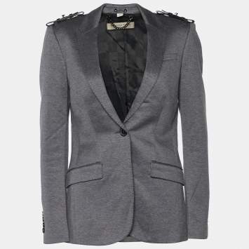 Pre Owned Burberry Grey Cotton Knit Leather Trim Blazer S