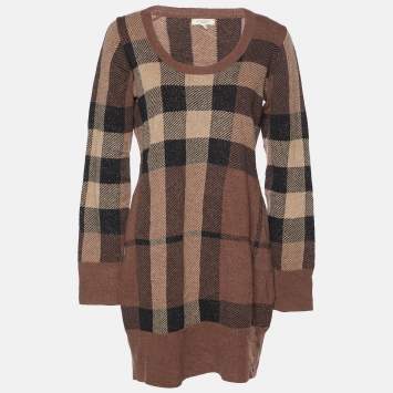 Pre Owned Burberry Brown Checkered Wool Knit Sweater Dress XL