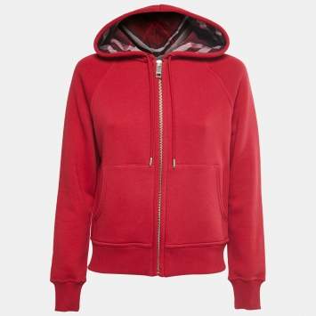 Pre Owned Burberry Red Cotton Zip Front Hoodie S