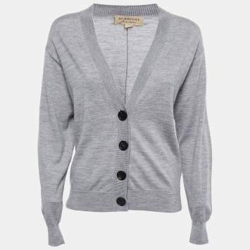Pre Owned Burberry Grey Wool Patch Detail Buttoned Cardigan XS