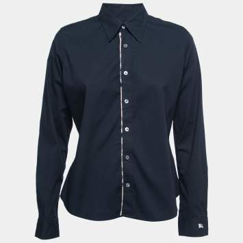 Pre Owned Burberry Navy Blue Cotton Nova Check Trim Detail Shirt M