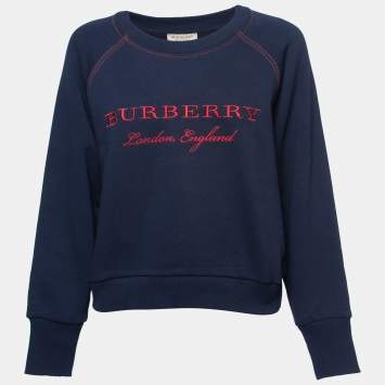 Pre Owned Burberry Navy Blue Logo Embroidered Crewneck Sweatshirt M
