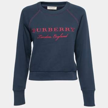 Pre Owned Burberry Navy Blue Logo Embroidered Cotton Crew Neck Sweatshirt M