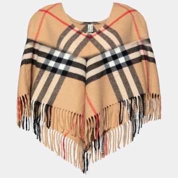Pre Owned Burberry Beige Nova Check Wool & Cashmere Fringed Short Cape (One Size)