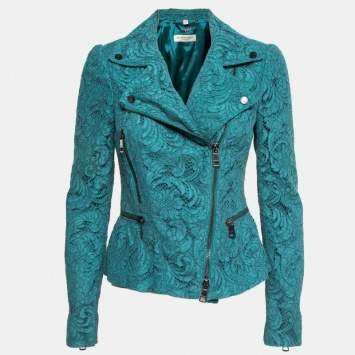 Pre Owned Burberry Teal Blue Floral Lace Biker Jacket S