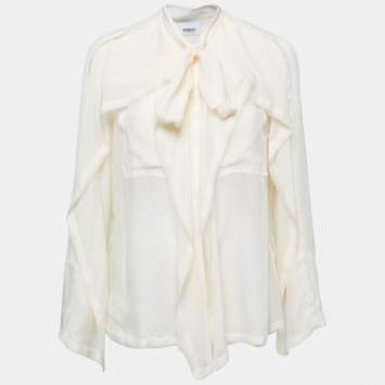 Pre Owned Burberry Off White Silk-Chiffon Pussy-Bow Panelled Blouse M