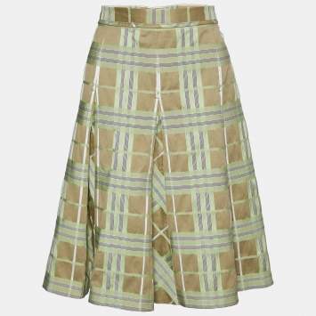 Pre Owned Burberry Green & Beige Checkered Cotton & Silk Pleated Skirt M