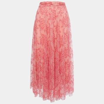 Pre Owned Burberry Pink Floral Lace A-Line Midi Skirt L
