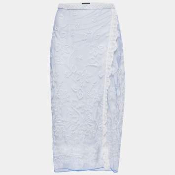 Pre Owned Burberry Blue Floral Embroidered Tulle Midi Skirt L