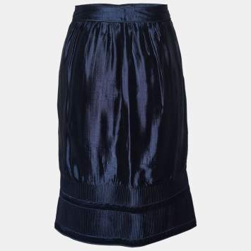 Pre Owned Burberry Navy Blue Silk Blend Textured Hem Detail Mini Skirt S