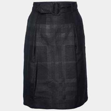 Pre Owned Burberry Charcoal Grey Checkered Wool Blend Belted Mini Skirt S