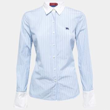 Pre Owned Burberry Blue Striped Cotton Contrast Trimmed Button Front Full Sleeve Shirt S