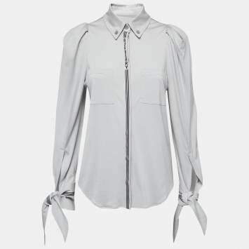 Pre Owned Burberry Grey Wool & Silk Jersey Striped Detail Button Front T-Shirt XS