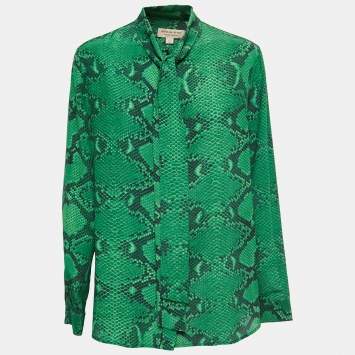 Pre Owned Burberry Green Snake Print Silk Neck Tie Detail Button Front Blouse L