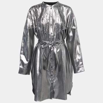 Pre Owned Burberry Metallic Grey Lurex & Silk Button Front Belted Short Dress L