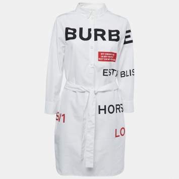 Pre Owned Burberry White Cotton Horseferry Print Mini Belted Shirt Dress L