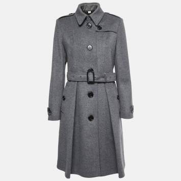 Pre Owned Burberry Grey Wool Belted Flared Trench Coat M