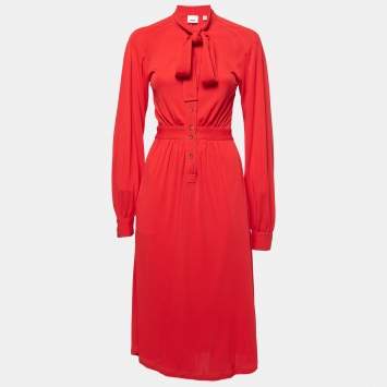 Pre Owned Burberry Red Jersey Button Front Neck Tie Detail Long Sleeve Midi Dress XS
