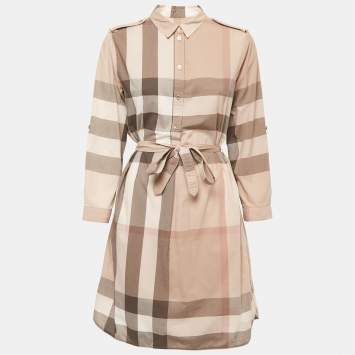 Pre Owned Burberry Pale Grey Checked Cotton Belted Shirt Dress M