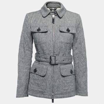 مملوكة مسبقًا Burberry Black Patterned Wool Zip Front Belted Jacket S